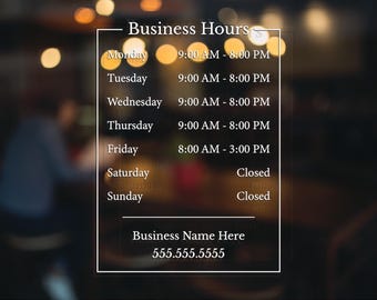 Custom Business Hours Window Decal for Stores