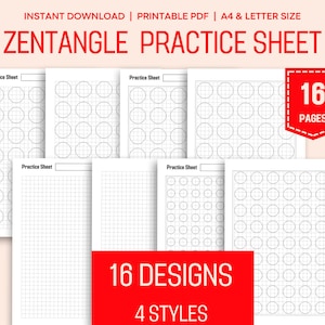 May include: A collection of Zentangle practice sheets with various grid and circle patterns. The sheets are labeled "Practice Sheet" and include the text "Zentangle Practice Sheet". A red banner displays "16 DESIGNS" and "4 STYLES". The image also shows "16 PAGES".