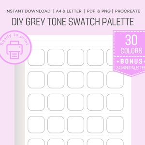 DIY Grey Tone Swatch Sheets – 30 Colors –Minimalist Printable Color Chart – A4/Letter, No Labels Mini Card, Watercolor & marker SWATCH PAGE