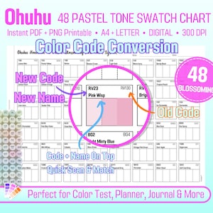Ohuhu 48 Pastel Tone Swatch Chart New and Old Color Codes, Ohuhu Ohplulu Conversion Code Alcohol Marker Test Sheet PDF PNG Printable Page A4