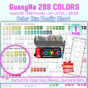 GuangNa 288 colors Acrylic Brush Marker Swatch Chart Digital Download PDF+PNG A4/Letter Printable