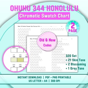 Ohuhu 344 Honolulu Chromatic Swatch Chart 2 Page, Ohuhu 320 New Color Codes and Old Codes, Alcohol Marker Test Sheet PDF PNG Printable Page