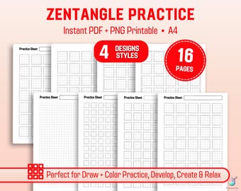 May include: A collection of white Zentangle practice sheets with grid patterns. The image includes text that reads "Zentangle Practice," "Instant PDF + PNG Printable," and "4 Designs Styles, 16 Pages." The sheets are designed for drawing and coloring.