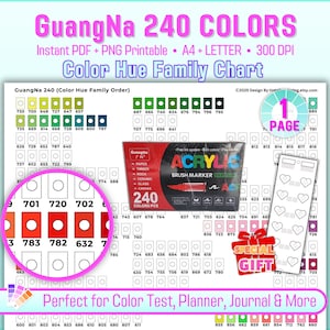 GuangNa Acrylic Brush Marker Swatch Chart: 240 Color Template (Digital Download, US Letter/A4 Size)