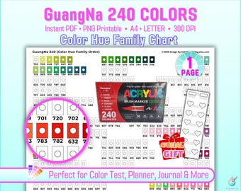 GuangNa Acrylic Brush Marker Swatch Chart: 240 Color Template (Digital Download, US Letter/A4 Size)