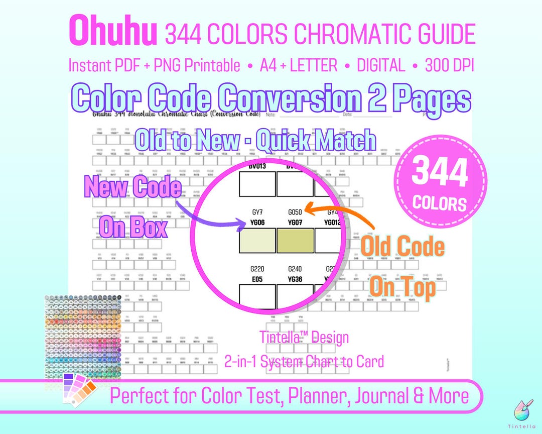 Ohuhu Honolulu 344 Marker Swatch Chart: New & Old Codes (PDF/PNG ...