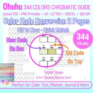 Pode incluir: Um guia cromático digital Ohuhu 344 cores com conversão de código de cores. O guia inclui um gráfico para combinar códigos de cores antigos e novos, com o texto "Old to New - Quick Match". A imagem também inclui o texto "Perfect for Color Test, Planner, Journal & More".