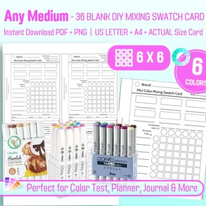 Tabela de Amostras de Mistura 36 – Grade de Cores 6x6 para Ohuhu, Copic, Tombow | Modelo de Mistura com Marcador de Álcool, PDF+PNG, Download Instantâneo A4+Carta