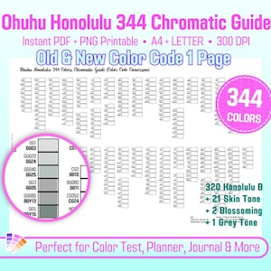 Peut inclure: Un guide chromatique Ohuhu Honolulu 344 imprimable avec des nuanciers. Le guide comprend 344 couleurs, avec une répartition des Honolulu B, des tons chair, des floraisons et des tons gris. Le texte comprend "Old & New Color Code 1 Page."