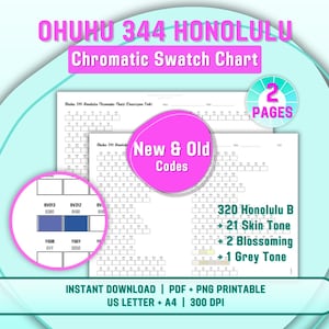 Ohuhu 344 Honolulu Chromatic Swatch Chart Conversion Code 2 page, New Color Codes Ohuhu 320 Honolulu Alcohol Marker Test Sheet PDF Printable