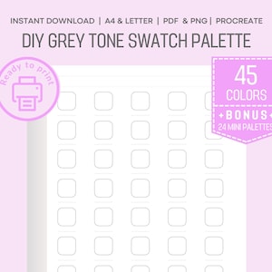 DIY Grey Tone Swatch Sheets – 45 Colors –Minimalist Printable Color Chart – A4/Letter, No Labels Mini Card, Watercolor & marker SWATCH PAGE