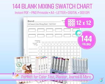 May include: A white 144-colour mixing swatch chart with a 12x12 grid, suitable for colour testing. The chart includes space for colour combinations and dominant colours. The image also shows various coloured markers, including Ohuhu Honolulu and Copic Sketch.