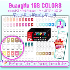 GuangNa 168 Color Swatch Chart: Acrylic Brush Marker Template (Digitaler Download PDF, US Letter/A4)