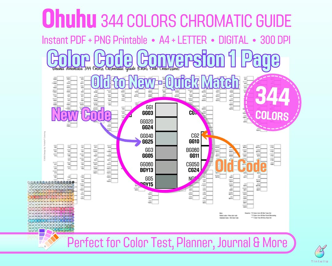 Ohuhu Honolulu 344 Chromatic Swatch Chart Conversion Code 1 Page, New ...