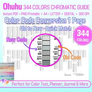 Ohuhu 344 Honolulu Chromatic Swatch Chart Conversion Code 1 page, New Color Codes Ohuhu 320 Honolulu Alcohol Marker Test Sheet PDF Printable