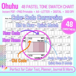 Ohuhu 48 Pastel Tone Swatch Chart New and Old Color Codes, Ohuhu Ohplulu Conversion Code Alcohol Marker Test Sheet PDF PNG Printable Page A4