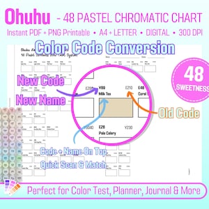 Ohuhu 48 Pastel Tone Chromatic Swatch Chart New and Old Color Codes, Ohuhu Honolulu Code Alcohol Marker Test Sheet PDF PNG Printable Page A4