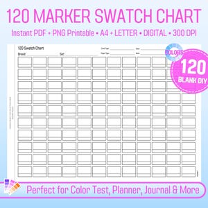Könnte beinhalten: Ein weißes, druckbares 120 Marker Swatch Chart mit einem Raster aus leeren Quadraten zum Testen von Farben. Der Chart enthält den Text "120 Marker Swatch Chart" und "Perfect for Color Test, Planner, Journal & More."