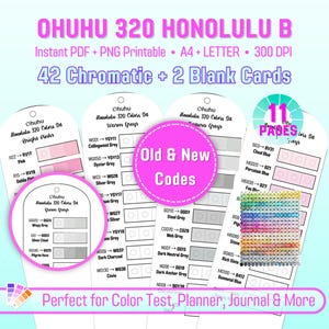Puede incluir: Descarga digital de muestras de color para marcadores Ohuhu Honolulu 320. La imagen incluye tablas de colores con tonos de rosa, verde y gris, con el texto "42 Chromatic + 2 Blank Cards". Ideal para pruebas de color y planificación.