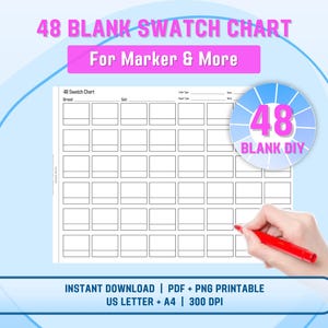 Könnte beinhalten: Ein weißes 48-Farbfeld-Diagramm mit einem Raster aus leeren Kästchen, das für Marker entworfen wurde. Das Diagramm enthält den Text "48 BLANK SWATCH CHART" und "For Marker & More". Eine Hand hält einen roten Marker, bereit, das Diagramm auszufüllen.