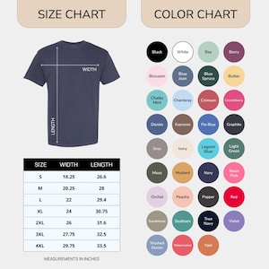 May include: A navy blue t-shirt with a size chart and color options. The size chart shows measurements in inches, with the width ranging from 18.25 to 29.75 inches and the length from 26.6 to 33.5 inches. The color chart displays various colors.