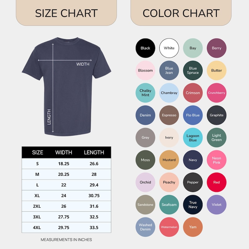 May include: A navy blue t-shirt with a size chart and color options. The size chart shows measurements in inches, with the width ranging from 18.25 to 29.75 inches and the length from 26.6 to 33.5 inches. The color chart displays various colors.