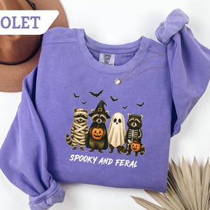 May include: Violet-colored sweatshirt featuring a Halloween-themed graphic. The design includes four raccoons dressed as a mummy, a witch, a ghost, and a skeleton, with bats flying above. The text "Spooky and Feral" is printed below the characters.