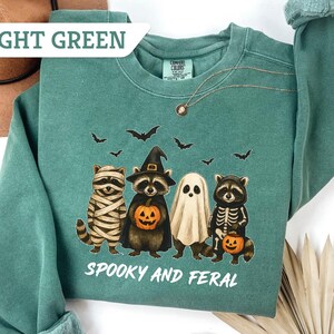 May include: Light green sweatshirt with a Halloween-themed graphic. The design features four raccoons dressed as a mummy, a witch, a ghost, and a skeleton, holding pumpkins. The text "Spooky and Feral" is printed below the raccoons.