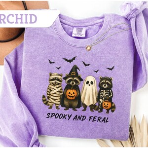 May include: Orchid purple sweatshirt with a Halloween-themed graphic. The design features raccoons dressed as a mummy, a witch, a ghost, and a skeleton, each holding a pumpkin. The text "Spooky and Feral" is printed below the characters.