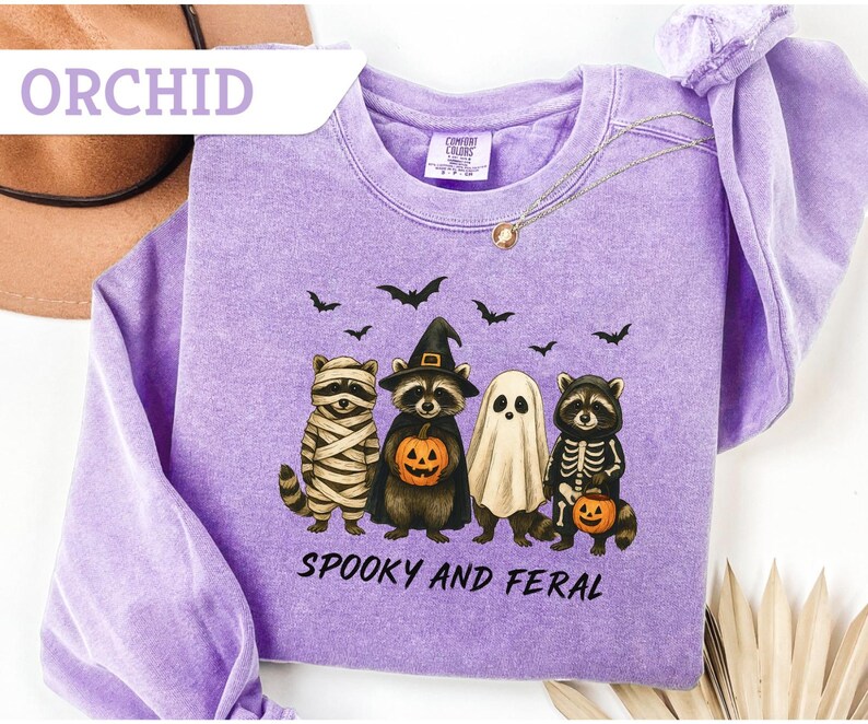 May include: Orchid purple sweatshirt with a Halloween-themed graphic. The design features raccoons dressed as a mummy, a witch, a ghost, and a skeleton, each holding a pumpkin. The text "Spooky and Feral" is printed below the characters.