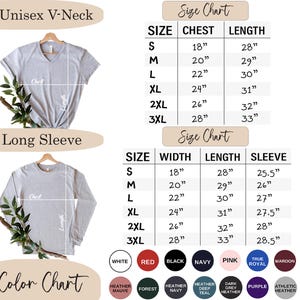 May include: A product image showing a grey unisex V-neck and long-sleeve shirt. Size charts detail chest, length, width, and sleeve measurements in inches. A colour chart displays available options, including white, red, black, navy, pink, and maroon.