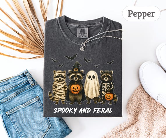 Comfort Colors® Spooky and Feral Shirt, Raccoon Halloween Shirt, Funny Ghost Animal Shirt, Cute and Creepy Gift Shirt, Witchy Raccoon Shirt