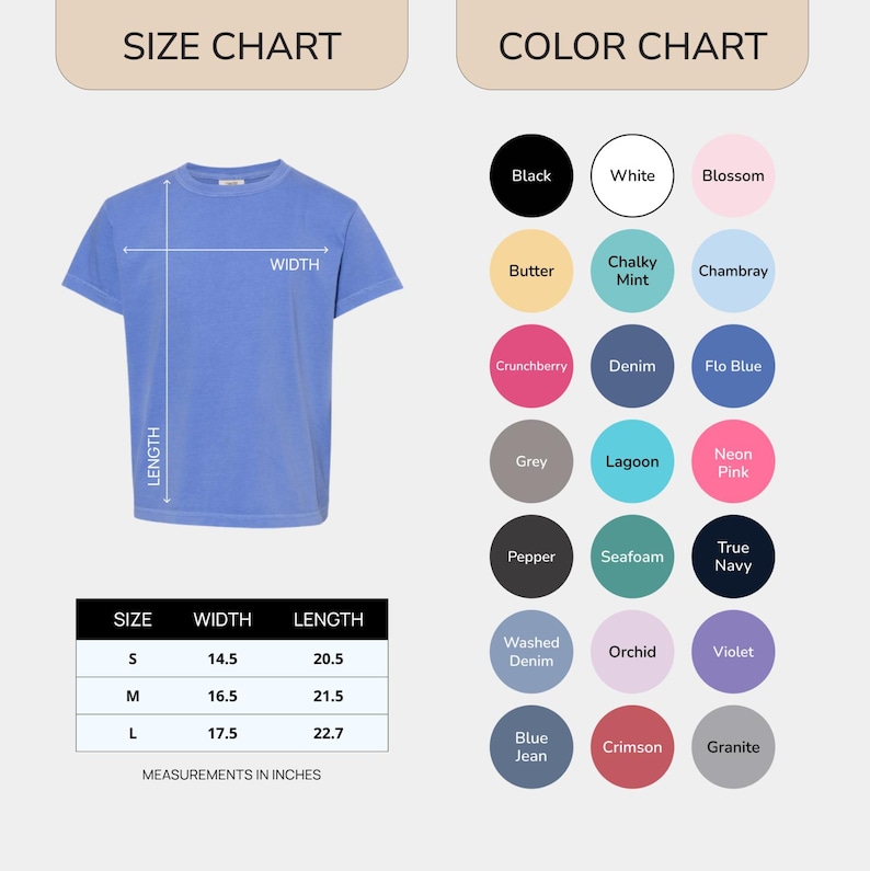 May include: A light blue t-shirt with a size chart and color chart. The size chart shows measurements in inches for sizes S, M, and L. The color chart displays various colors, including black, white, and pink.
