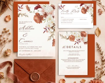 Conjunto de invitaciones de boda con estampado floral en terracota, paquete otoñal en tonos naranja quemado estilo bohemio (plantilla editable de Canva)