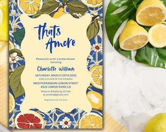Lemon Bridal Shower Invitation: Mediterranean Citrus Theme (Digital Template, 5x7 in