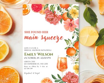 Citrus Bridal Shower Invitation: Orange Slice Floral Theme (Digital Template Canva Edit