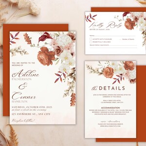 Terrakotta Gebrannte Orange Herbst Hochzeit Einladungen Set, Boho Blumenhochzeit,Herbst Hochzeit Einladung, Bearbeitbare Canva Vorlage, Herbst Hochzeit
