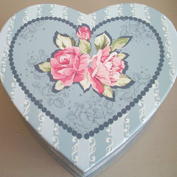 Pink Rose Decorative Gift, Storage, Memory, Treasure Box, Card Box with Blue and Pale Pink on Sides and Bottom