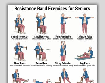 Övningar med motståndsband för seniorer - 16 enkla rörelser med motståndsband - Utskrivbar poster för hemmaträning och fitness i PDF-format