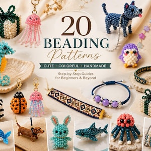 Può includere: Una collezione di figure e gioielli in perline tra cui un cavalluccio marino, una medusa, un pinguino, uno squalo, un polpo, un coniglio, un panda, una coccinella, un cane e scatole regalo. Il testo recita 20 BEADING PATTERNS CUTE COLORFUL HANDMADE.