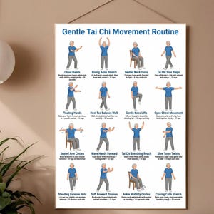 May include: A poster titled "Gentle Tai Chi Movement Routine" shows illustrated instructions for Tai Chi exercises. The poster includes figures demonstrating movements such as Cloud Hands, Rising Arms Stretch, and Tai Chi Side Steps.