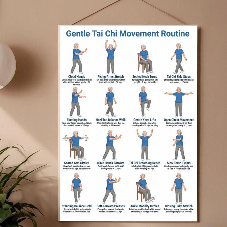 May include: A poster titled "Gentle Tai Chi Movement Routine" shows illustrated instructions for Tai Chi exercises. The poster includes figures demonstrating movements such as Cloud Hands, Rising Arms Stretch, and Tai Chi Side Steps.