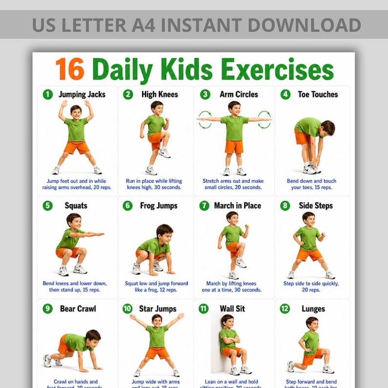 Kids Exercise Programme 16 Kids Exercises Poster - Daily Fitness Routine Chart - Printable ...