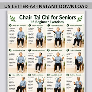 Op de afbeelding: Een digitale instructieposter getiteld Chair Tai Chi for Seniors 16 Beginner Exercises, met twaalf genummerde panelen met illustraties van een persoon in een blauw overhemd die zittende bewegingen uitvoert, vergezeld van tekstuele instructies.
