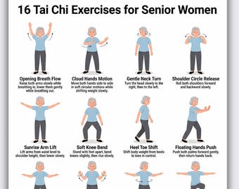 Ejercicios de Tai Chi para mujeres mayores (PDF imprimible): 16 ejercicios suaves de equilibrio - Rutina de ejercicios fácil para hacer en casa - Descarga instantánea