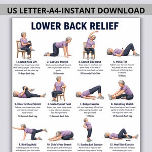 Könnte beinhalten: Ein digitales Lehrplakat mit dem Titel Lower Back Relief, das zwölf nummerierte Illustrationen einer Person in einem violetten Oberteil und dunkler Hose zeigt, die verschiedene Dehnübungen und Bewegungen mit begleitendem Text ausführt.