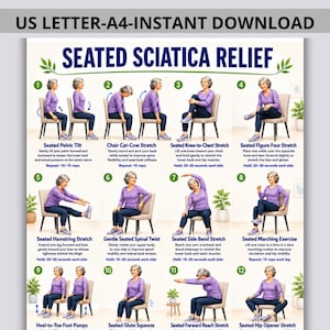 Può includere: Un poster digitale intitolato SEATED SCIATICA RELIEF con dodici illustrazioni numerate di una persona con maglia viola e pantaloni blu che esegue vari esercizi di stretching seduti su una sedia, con testo esplicativo per ogni esercizio.