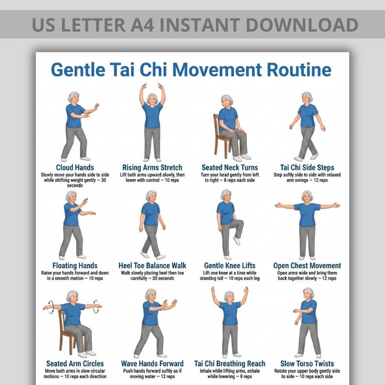 May include: A white poster with the title "Gentle Tai Chi Movement Routine" and illustrations of Tai Chi exercises. The poster includes instructions for each exercise, such as "Cloud Hands" and "Rising Arms Stretch."