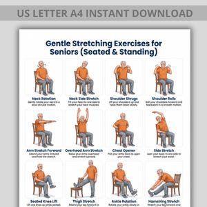 Può includere: Una guida stampabile intitolata "Esercizi di stretching delicati per anziani (seduti e in piedi)". La guida presenta illustrazioni di esercizi come la rotazione del collo, le scrollate di spalle e gli allungamenti dei muscoli posteriori della coscia. La parte superiore della guida recita "US LETTER A4 INSTANT DOWNLOAD".