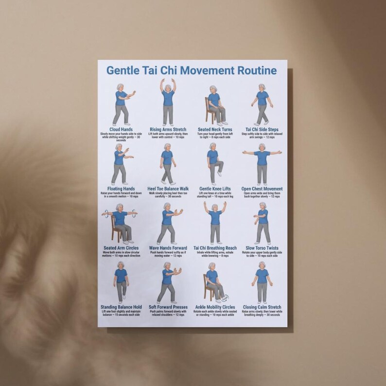 May include: A poster displaying a "Gentle Tai Chi Movement Routine" with illustrations of Tai Chi exercises. The poster includes text describing each movement, such as "Cloud Hands" and "Rising Arms Stretch", with figures demonstrating the poses.